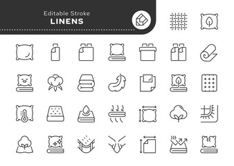 Linens line icon set. Pillowcase, duvet cover, sheet, single and double bed linen set, pillow, mattress, blanket and more. Outline icon in linear style. Vector collection.	