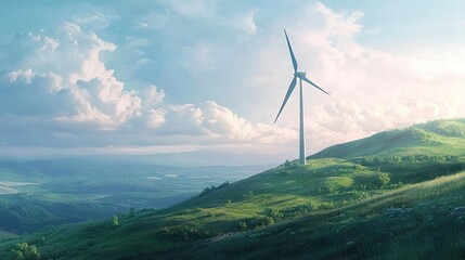 A wind turbine on a hill with a wide, open landscape and plenty of room for copy.