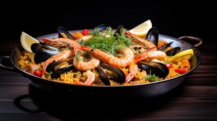 A vibrant pan of paella, filled with shrimp, mussels, and colorful garnishes, exudes culinary delight against a dark background.