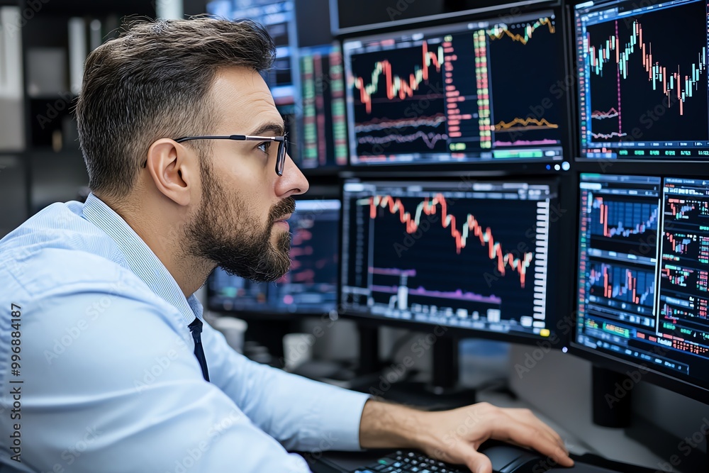 Poster A financial analyst looking at multiple computer screens displaying stock market data, showing a dynamic trading environment