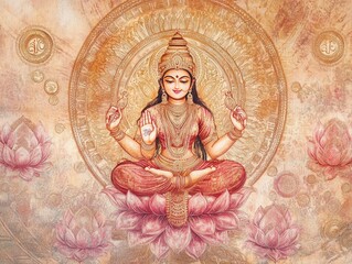 Obraz premium A highly detailed Lakshmi mural with mandala patterns surrounding her, in shades of gold and pink, with intricate lotus designs and flowing coins, ideal for a spiritual or meditation space