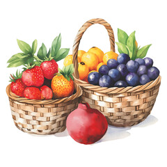 Baskets Full of Fresh Fruits, Digital Watercolor Illustration of Apples, Pears, and Berries in Watercolor Style, Cutout, Isolated on Transparent PNG/White Background.