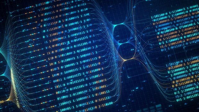 Big data technology and data science abstract background. Data scientist querying. Analysing and visualizing artificial intelligence on virtual screen. AI Data flow concept. Finance neural network ML.