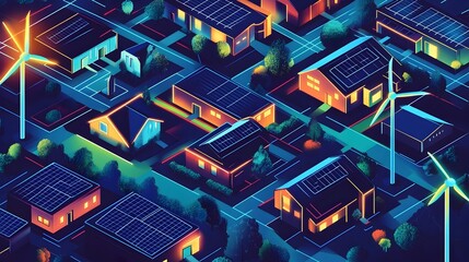 Obraz premium Renewable energy projects including rooftop solar and vertically integrated wind turbines powering vibrant urban revitalization with diverse public green spaces urban farms