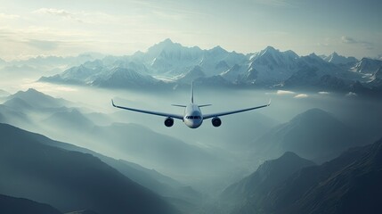 Naklejka premium An airplane flying over mountains with a vast, open sky for adding text.