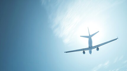 Fototapeta premium An airplane in flight with a bright, cloudless sky and ample space for adding text.
