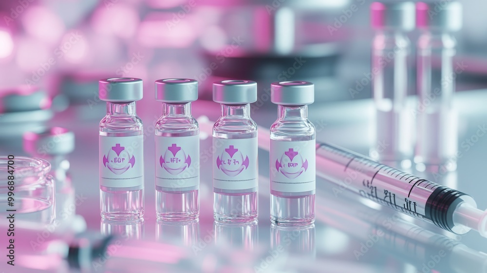 Poster Four vials of vaccine are lined up on a table. Next to them is a clear syringe. The vials are in focus, while the background is blurred.