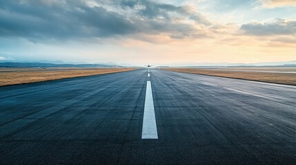 An empty airport runway with an airplane in the distance and ample space for text.