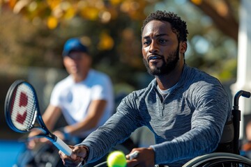 Two wheelchair tennis players, intensely focused, hitting the ball back and forth during a competitive match. Generative AI