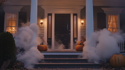 Spooky Halloween decorated entrance door with jack-o-lantern, skull, and fog. Halloween celebration concept. Design for poster, greeting card, party invitation.