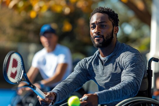 Two wheelchair tennis players, intensely focused, hitting the ball back and forth during a competitive match. Generative AI
