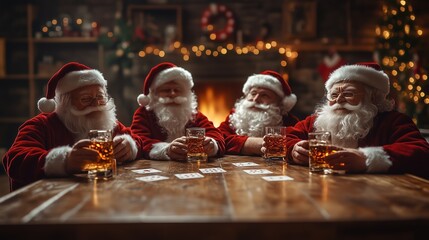 A festive and humorous scene featuring four cheerful Santa Clauses in classic red suits, seated at a wooden table, enjoying glasses of whiskey while playing a game of cards.