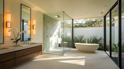 Stylish and Spacious Modern Bathroom Design Featuring a Freestanding Bathtub, Luxurious Double Vanity, and Floor-to-Ceiling Windows Overlooking a Lush Garden, Creating a Serene Spa-Like Atmosphere