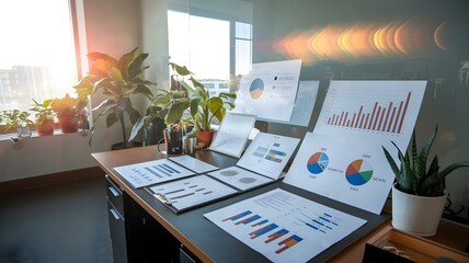 Modern Office Workspace Featuring Analytical Reports and Colorful Graphs on a Sleek Desk with Lush Greenery, Bathed in Natural Light, Perfect for Driving Business Insights and Creativity