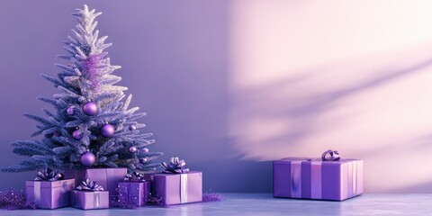 Modern Christmas scene with a Purple Basil color palette, minimalist Christmas tree in violet hues