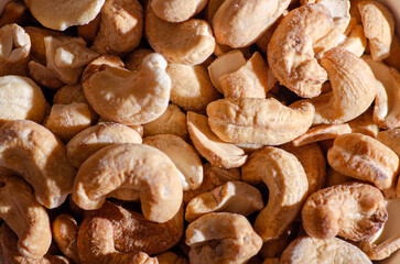 cashew nuts texture macro background, top view. Healthy Food