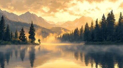 Golden hour casts a serene light over a misty mountain lake, framed by pine trees and soft fog.