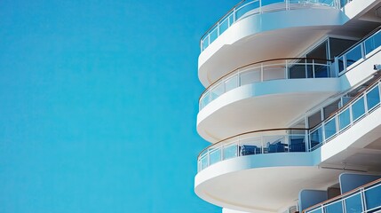 Close-up of cruise ship balconies with passengers enjoying the view, leaving sky for copy space.