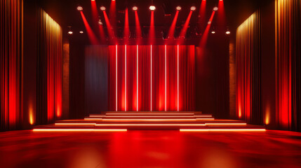 A vibrant performance stage illuminated with red and warm lights, perfect for live shows in an intimate venue setting