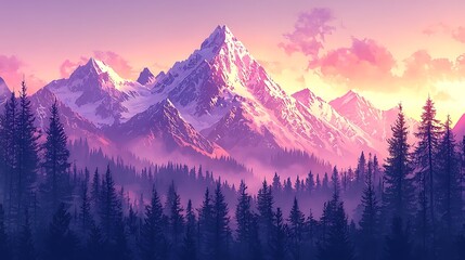 Obraz premium A majestic mountain peak is silhouetted against a glowing sunset, surrounded by a dark pine forest.