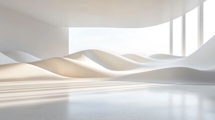 A sleek, abstract white room with curved walls and large windows fills the space with modern elegance and light.