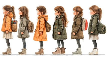 Fototapeta premium Adorable cartoon girls bundled in winter clothes, backpacks on, stand in line, ready for an adventure.
