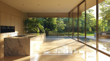 A chic kitchen design features a marble island and glass doors, seamlessly connecting to the lush garden outside.