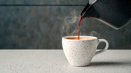 A steaming cup of coffee being poured from a black kettle, set against a stylish background for a cozy atmosphere.