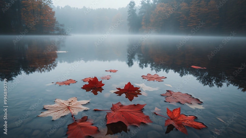 Sticker Red and yellow maple leaves floating in a calm, foggy lake.