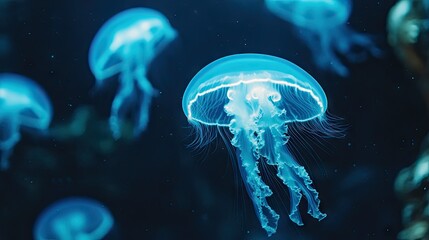 Naklejka premium Glowing jellyfish in a dimly lit tank, with clear space in the water for copy.