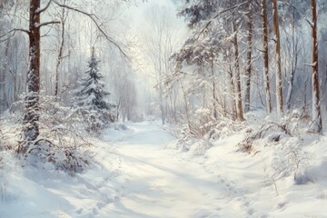Obraz premium A Snowy Path Through a Winter Forest