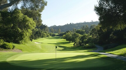 Obraz premium Golfers driving from the tee, with a beautiful green course in view.