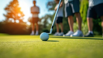 Golfers lining up a putt, focusing on the perfect angle to sink the ball.
