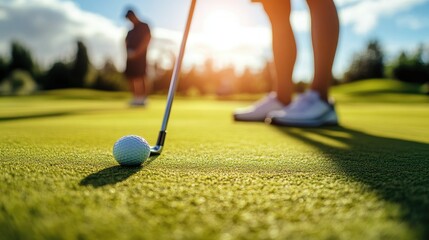 Golfers lining up a putt, focusing on the perfect angle to sink the ball.