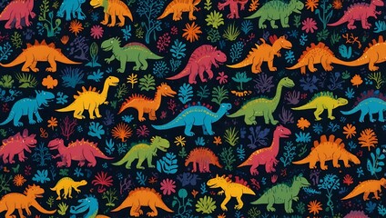 Colorful dinosaur designs in a seamless pattern.