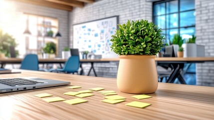 Modern workspace featuring a potted plant, sticky notes, and a laptop, ideal for office inspiration and productivity.