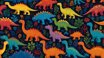 Colorful dinosaur designs in a seamless pattern.