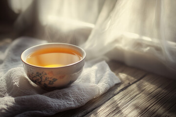 Steaming cup of oolong tea on table with natural light