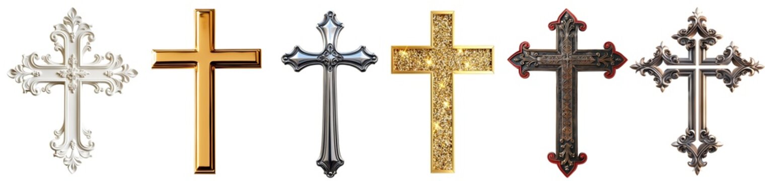 Set of religious holy christian catholic orthodox cross, various material collection, on transparent cutout PNG file. Many different style. Mockup template for artwork design