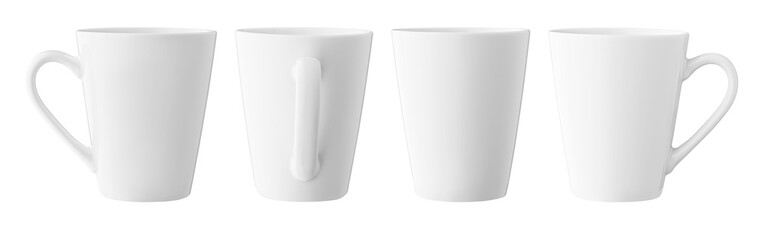 set of white cups for tea or coffee on isolated white background close up