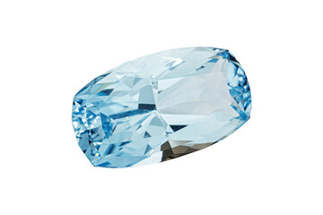 Aquamarine blue faceted oval cut stone mineral macro photography on white isolated background close...