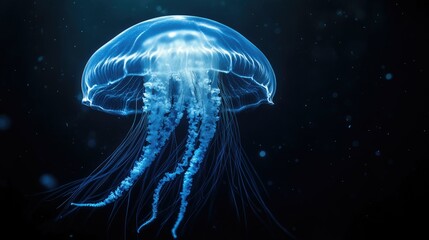 Naklejka premium Jellyfish pulsating in dark ocean depths, leaving the background free for copy.