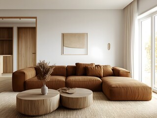 Warm and Relaxing Modern Minimalist Living Room with Plush Sectional Sofa and Natural Wood Accents  Bright and airy atmosphere with mid century modern style and 3D rendering