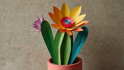 Colorful paper cactus with a flower, showcasing creative nature art.