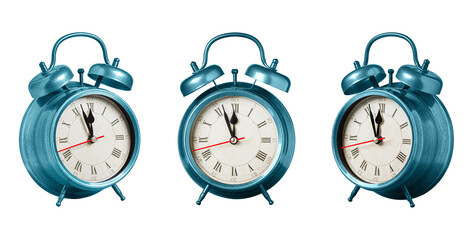 set collection retro clock, watch, pointer clock, Blue color alarm clock on isolated white...