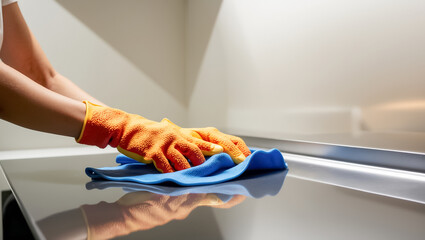 hand in rubber glove cleaning kitchen, concept of cleanliness