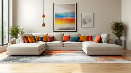 Fototapeta premium Warm and welcoming contemporary living room with a comfortable U shaped sectional and streamlined minimalist styling