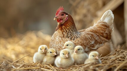 Mother hen with her chicks under her wings, surrounded by straw, leaving space in the background for text.
