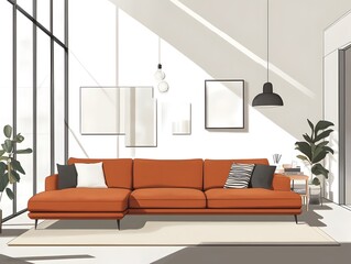 Warm and welcoming modern living area with a generously sized sectional sofa in a rich hue carefully curated minimalist furnishings and decor