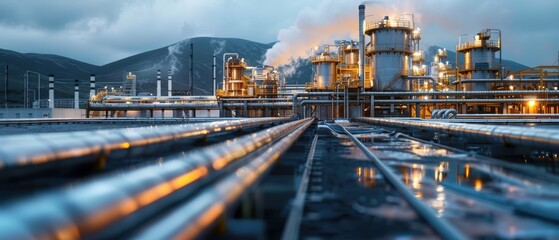 Fototapeta premium Geothermal Power Plant Machinery at Dusk